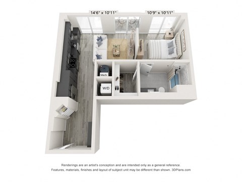 Floor plan for studio, 1 bath, 645 sqft